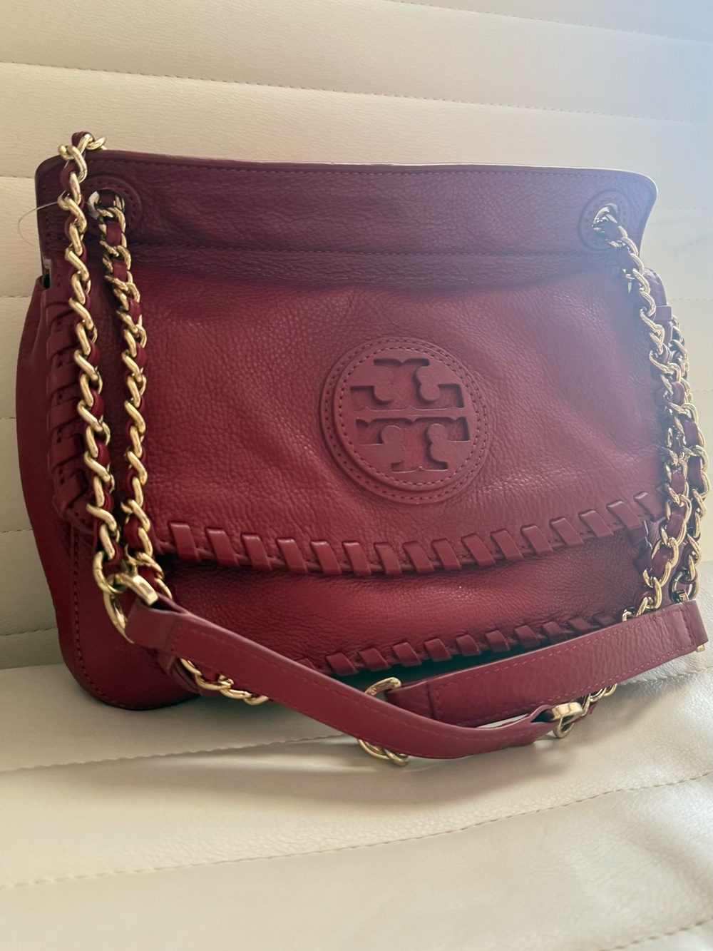 Tory Burch Burgundy Leather Chain-Handle Shoulder Bag
